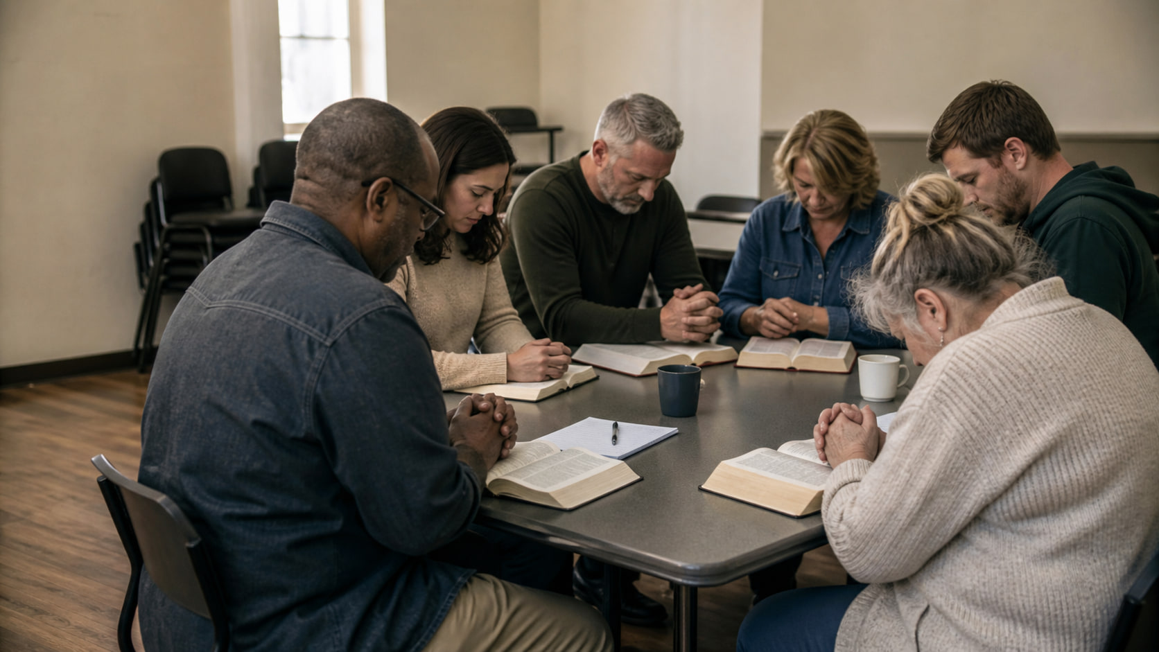 Adult Christians praying together after a Bible study