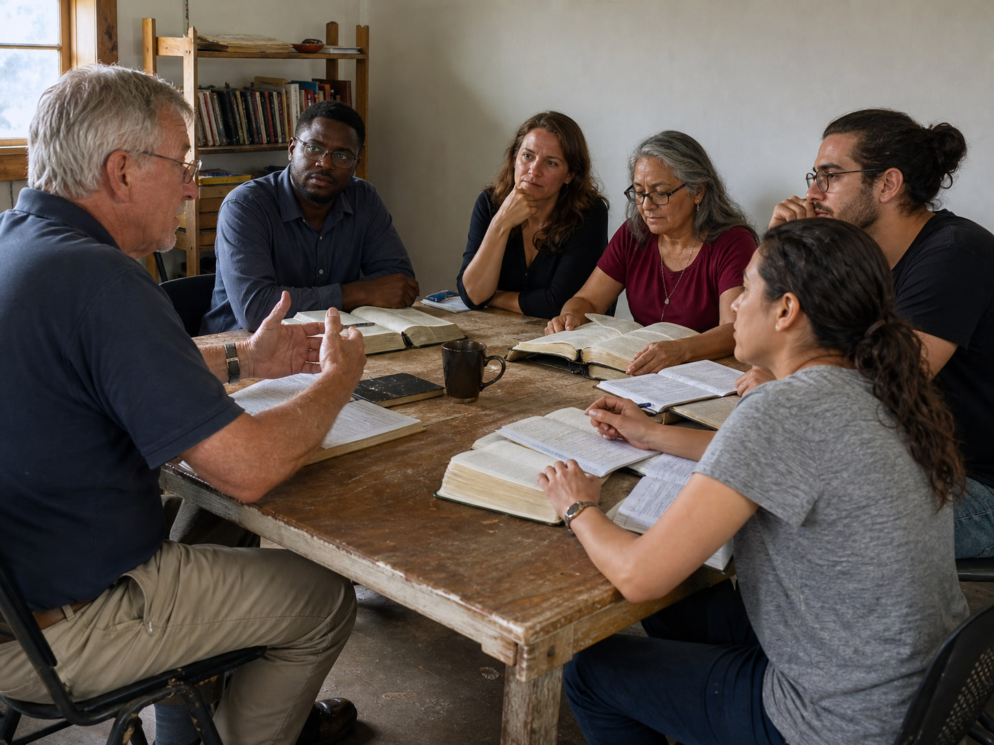A theological educator leading an adult seminar discussion