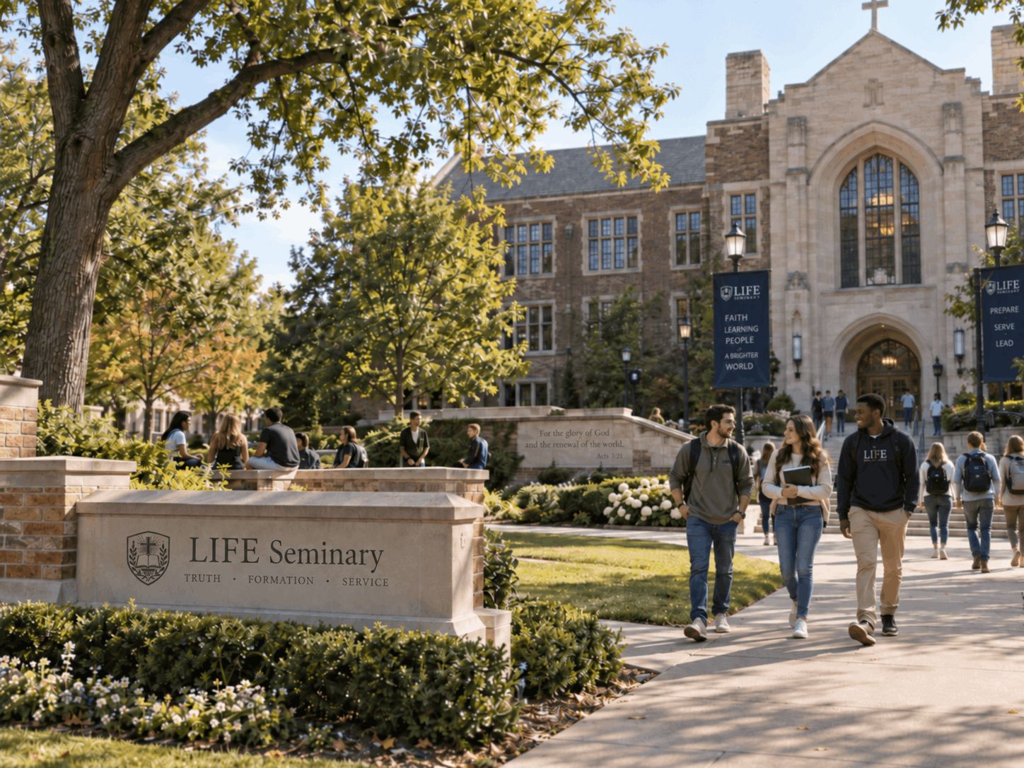 Students walking together past the Life Seminary sign, carved with the words Truth, Formation, Service, on their way to the chapel